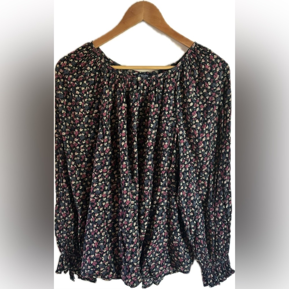 CHAPS Cotton Viscose Floral Balloon Sleeve Elastic Cuff Blouse